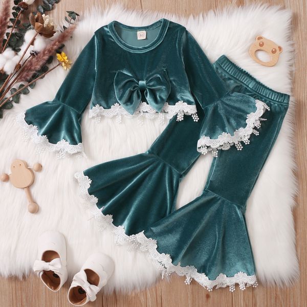

clothing sets 0 4y kids girls autumn winter clothes set baby lace long sleeve sweatshirt flare pants velvet outfits 221007, White