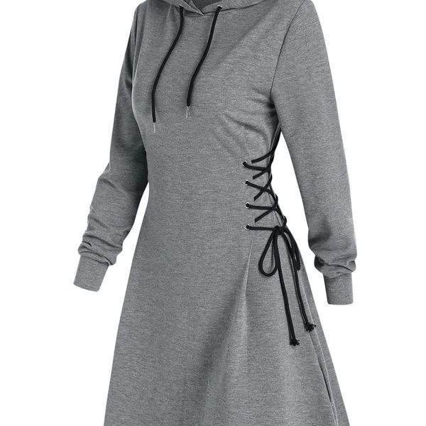 

casual dresses women long sleeve autumn drawstring lace up mini hoodie vestidos femme gothic fashion streetwear 221007, Black;gray