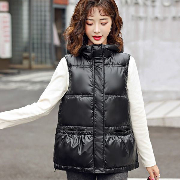

women's vests 0450 winter short vest coat women hooded waisted female warm sleeveless jacket ladies solid color outerwear vest jacket w, Black;white