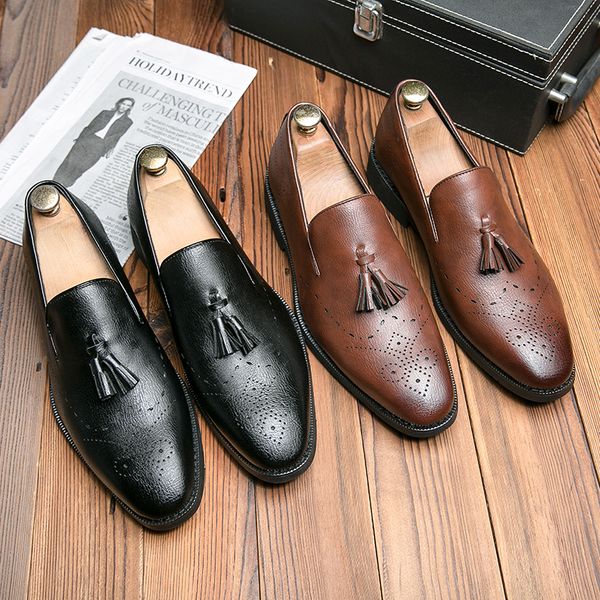 

vegan oxford shoes pointed toe tassel carved punch men's one foot stirrup fashion formal casual shoes various sizes 38-47, Black