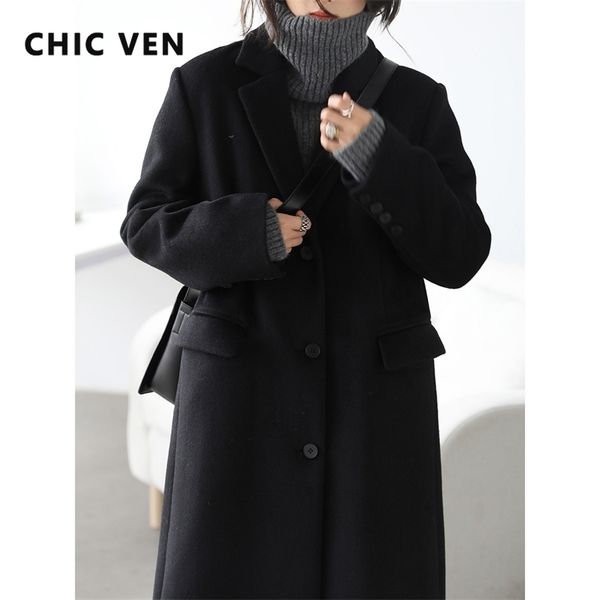 

womens wool blends chic ven winter korean women wool blends long coat thickening casual warm single breasted overcoat woolen coats office la, Black