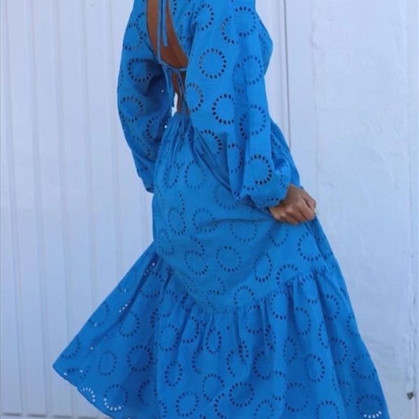

casual dresses traf blue cutwork long women embroidery maxi woman summer backless female sleeve for 221007, Black;gray