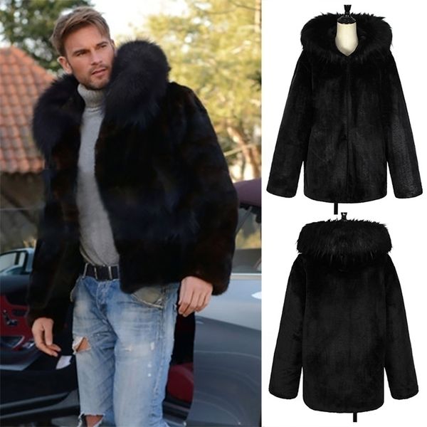 

mens fur faux fashion mens coat autumn winter thick warm tough guy artificial collar hooded jacket male fluffy coats 2201006, Black