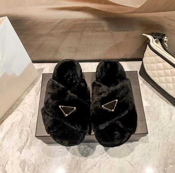 

slippers designer winter slippers fashion plush women's warmth flat bottom shoes woollen plush slipper womens wool home sandal leisure, Black