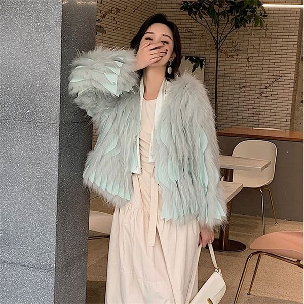 

women's fur faux real women coat winter casual warm short knitted chiffon ruffles stitching natural raccoon dog jackets clothing 221006, Black
