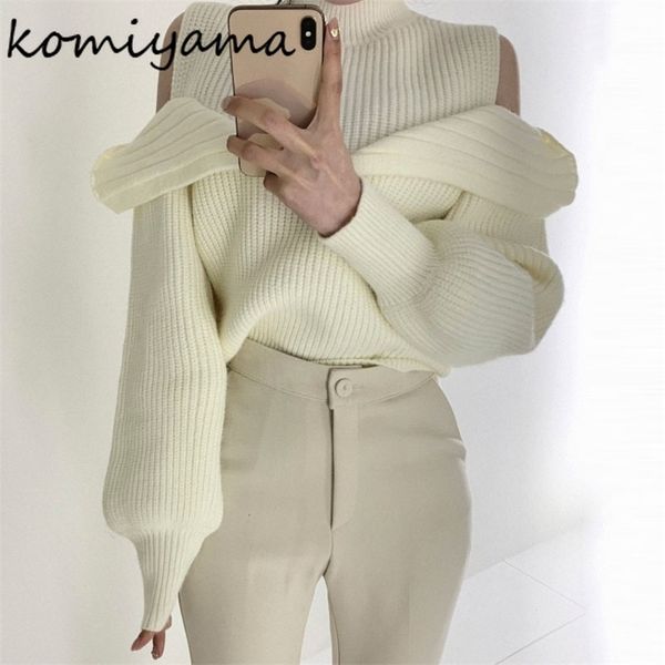 

women's sweaters komiyama off shoulder long sleeve women clothing stand collar knitted pullover autumn vintage all match sweater 22100, White;black