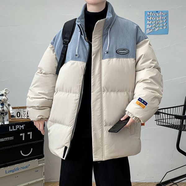 

men's down parkas winter japanese style streetwear vintage thicken jacket men oversize puffer jacket with contrast warm parkas bubble c, Black