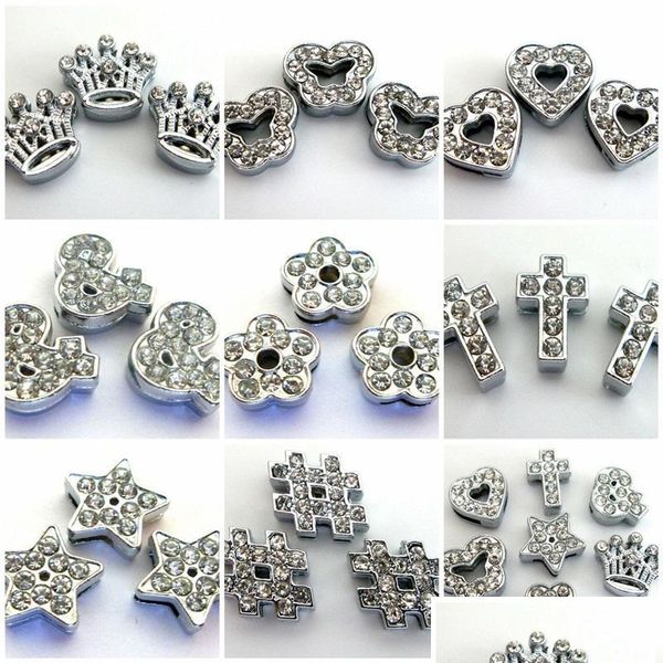 

charms 100pcs/lot clear fl rhinestone zinc slider charms diy accessories pet collar wristband keychain heart crown cross flower star dhzm2, Bronze;silver