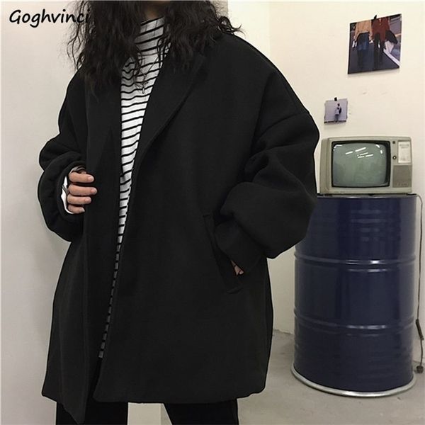 

womens wool blends blends womens coat black solid casual thicken aesthetic korean style couple loose leisure female harajuku trendy simple w