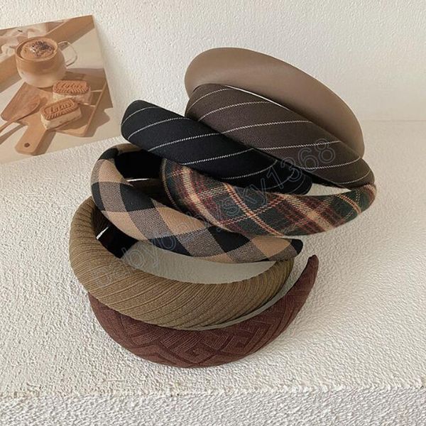 

fashion autumn winter headband for women vintage cool color sponge hairband plaid striated headwear hair accessories, Slivery;white
