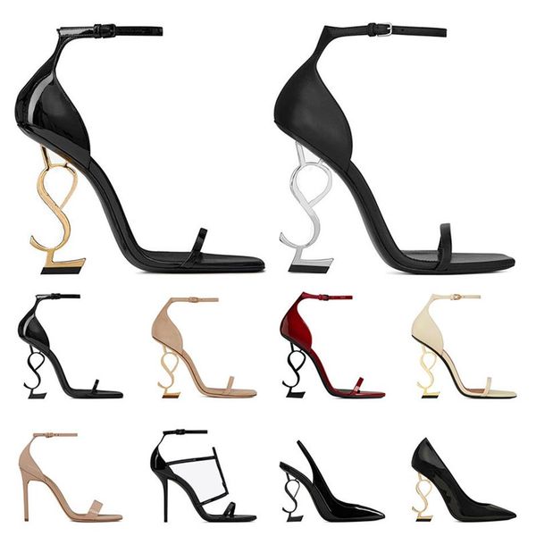 

women luxury dress shoes high heels patent leather gold tone triple black nude lady fashion sandals open toes stiletto heel party 296j
