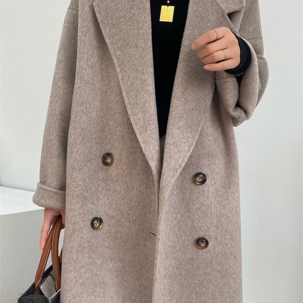 

womens wool blends autumn and winter alpaca doublesided cashmere coat men and women woolen loose couple thickened wool coat 221007, Black