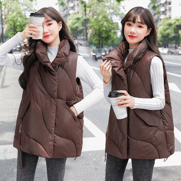 

women's vests vest waistcoat women's pocket streamer down cotton standup collar midlength fashion loose allmatch casual jacket 221, Black;white