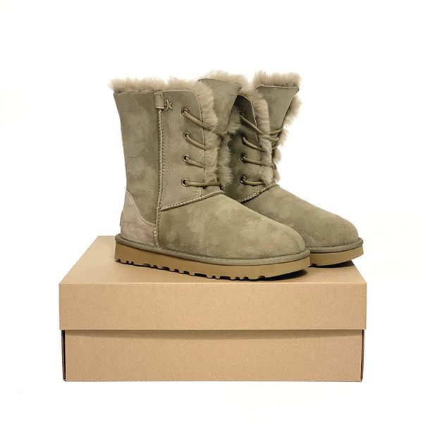 

designer boots woman australia snow boot fluffy wool fur leather short lace-up martin booties flat heel cowboy shoes for winter, Black
