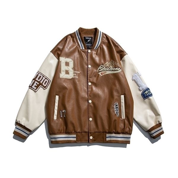 

mens jackets mens varsity pu leather baseball jacket men women vintage embroidery letter patchwork college coats hip hop bomber coat 221006, Black;brown