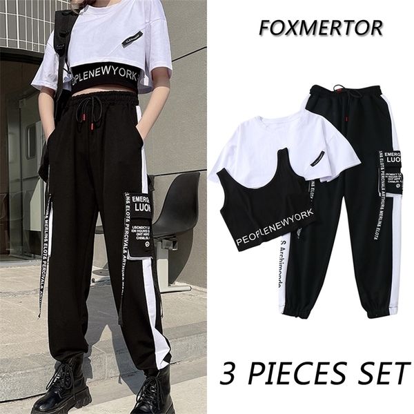 

women's two piece pants 3 pieces set summer women cargo pants suit set streetwear outfit harajuku short sleeve trousers crop tee shirt, White