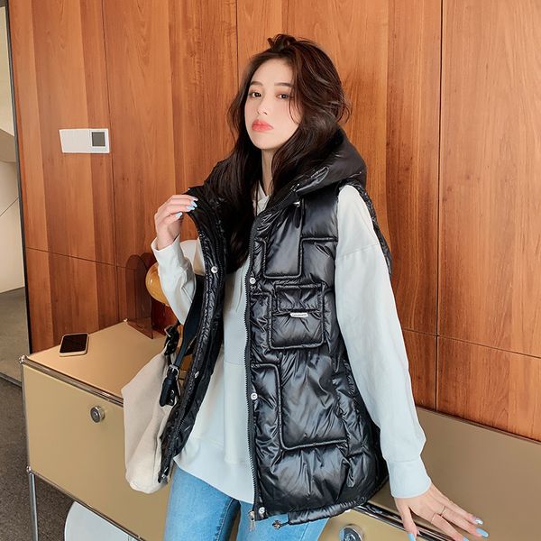 

women's vests down cotton vest bright face korean version loose autumn and winter outer wear vest light stand collar washjacketvest 221, Black;white