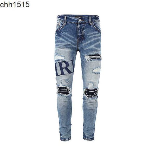 

amirs new letters embroidery stickers broken holes patchwork used washing jeans high street fashion brand, Blue