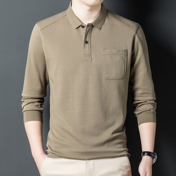 

men's polos highend autumn casual polo shirt men long sleeve lapel slim solid color pocket polo shirt camel red wine dark gray 221006, White;black