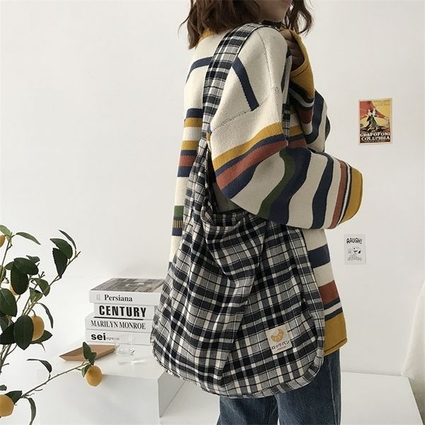 

evening bags plaid women simple shoulder bag soft cloth fabric handbag large capacity cotton tote sanded canvas for pretty young girls 22100