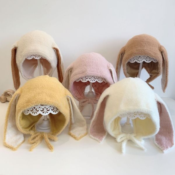 

autumn winter infant baby hat bunny ear soft caps lace up earmuff children beanies girls warm hats, Yellow