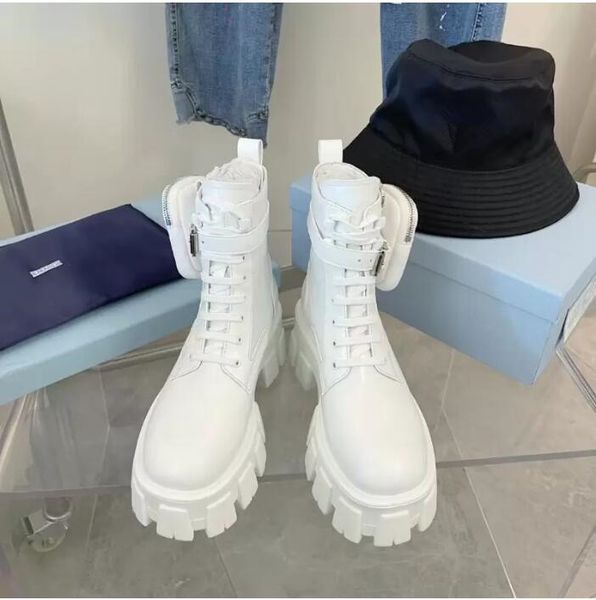 

ankle combat boots platform wedges flat booties chunky white leather nylon pouch round toe block heels luxury designer for women factory foo, Black