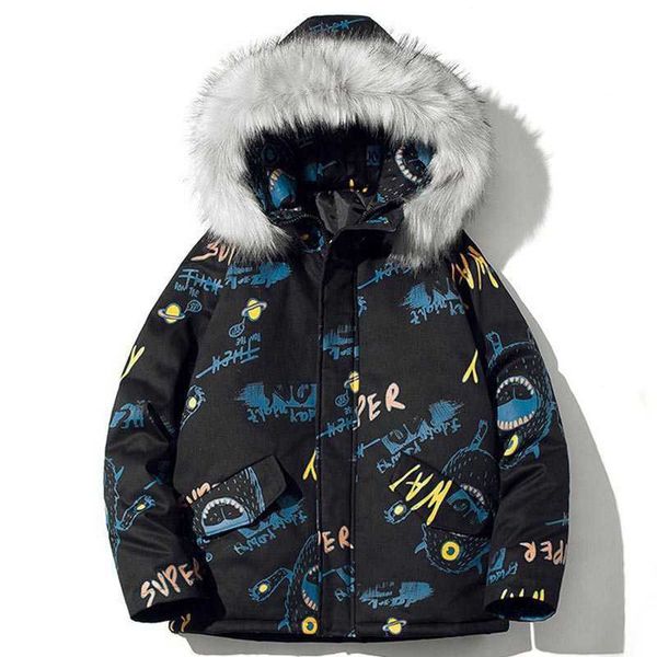 

men's down parkas graffiti printing winter padded jacket couple hip hop korean harajuku streetwear mens fur collar hooded windproof thi, Black