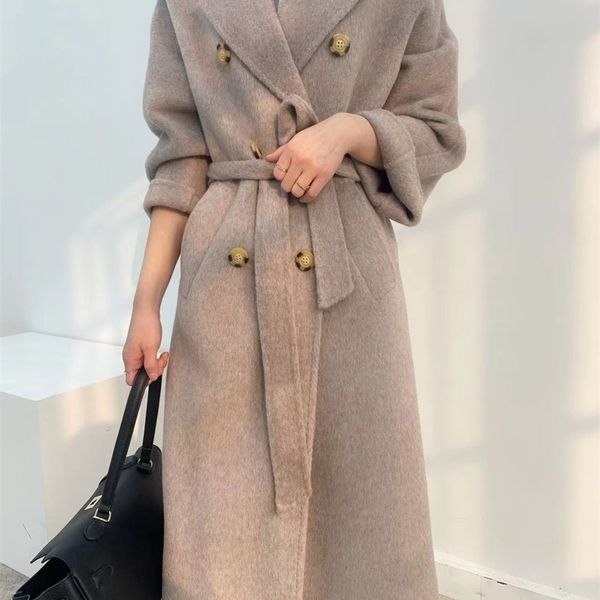 

womens wool blends alpaca coat thickened wool coat fashion womens medium length cashmere coat 221007, Black