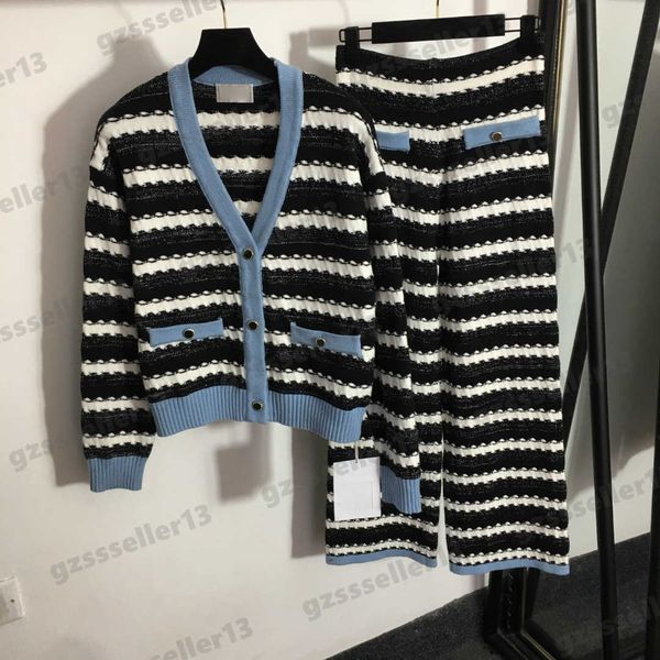 

womens knitted two piece dresses striped color blocking simple autumn suit v-neck long sleeve knitted cardigan and high waist wide leg pants, White