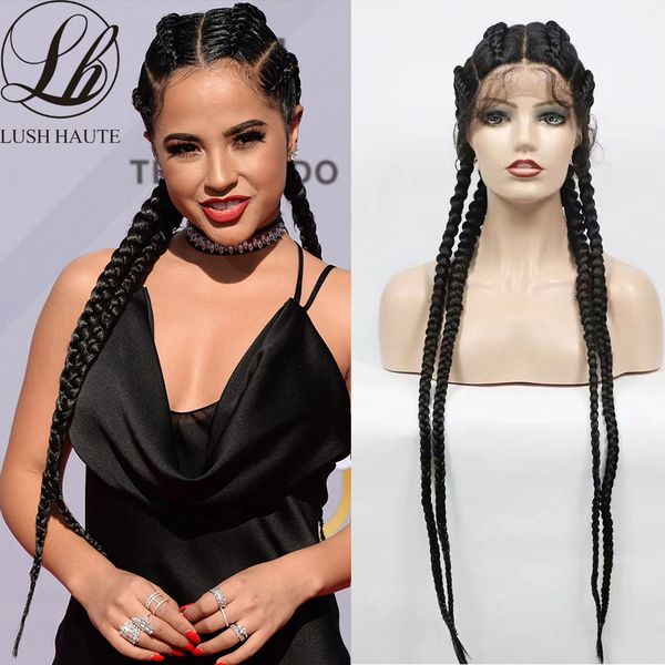

32 inches lace front braided wigs with baby hair black double dutch box braided twist synthetic braids wig for black womenfactory direct