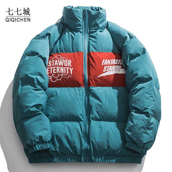 

men's down parkas hip hop winter down parkas men high street letter print casual thick warm college cotton jacket women loose color blo, Black