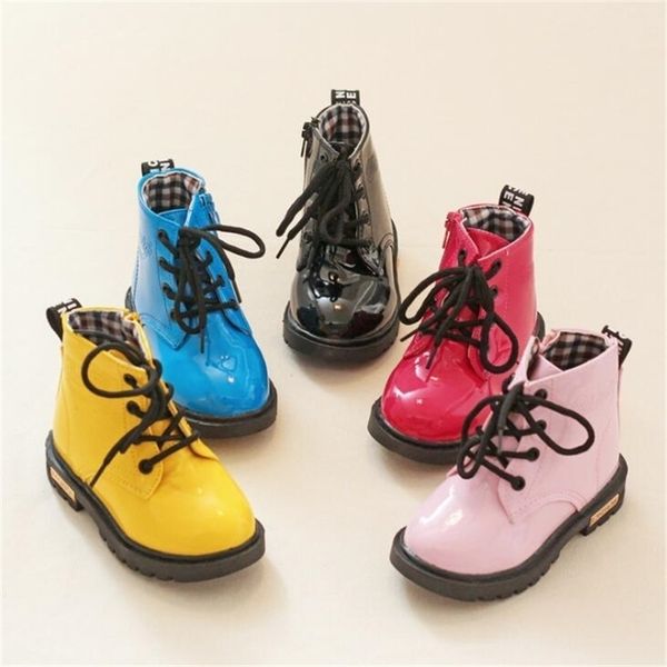 

boots spring autumn patent leather children boys girls waterproof kids shoes warm plush snow toddler sneakers 221007, Black;grey