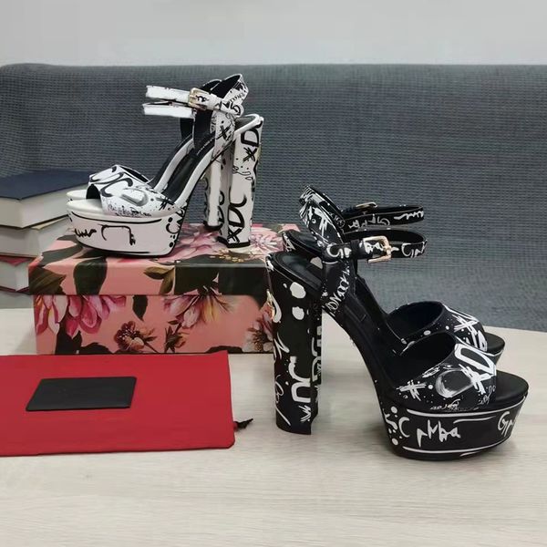 

women heels designer sandals for womens dress shoes fashion rhinestone buckle 3d printing decoration platformparty fashion heel shoe 15cm hi, Black