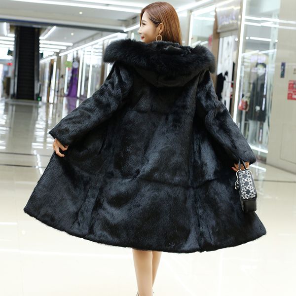 

women's fur faux hooded female pure 100 true genuine rabbit coat with hood luxury natural collar drop jacket overcoat sr323 221006, Black