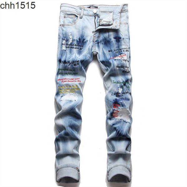 

amirs hole slim elastic jeans youth blue letter embroidery men's denim pants