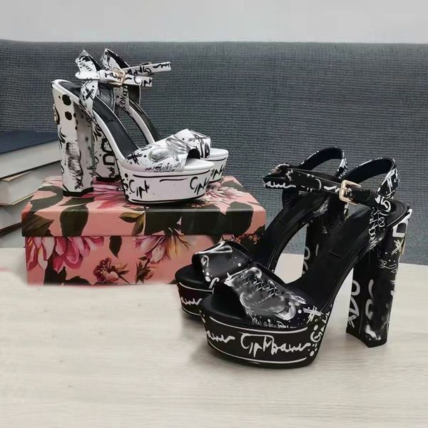 

designer sandals for womens dress shoes fashion rhinestone buckle 3d printing decoration platform heel shoe 15cm high heeled buckle strap sa, Black