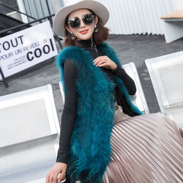 

women's fur faux long real vest for women v neck streetwear vintage natural pure true raccoon ladies drop gilet ksr600 221006, Black