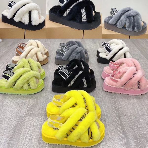 

2022 designer women bedroom home wool slides slippers classic luxury fur fluffy furry warm letters sandals lady autumn winter platform cross, Black