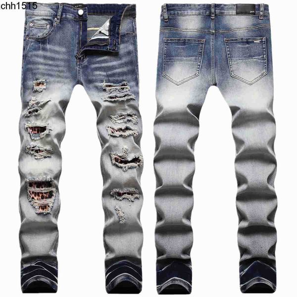 

high street fashion brand amirs light color damage patch worn elastic slim fit small leg jeans men's fashion, Blue