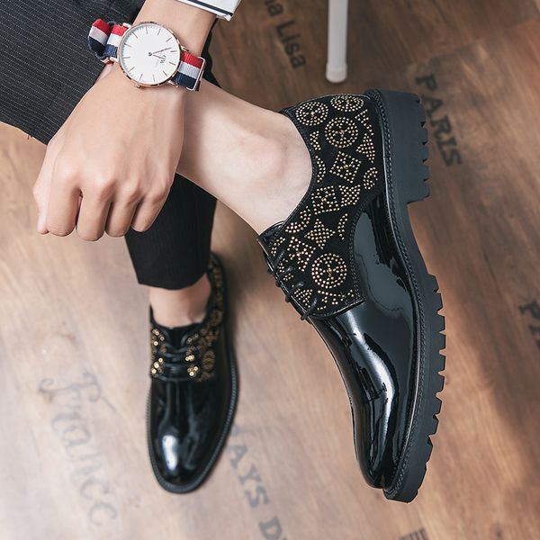 

luxury brogue leather oxford shoes rhinestone patent pointed toe one stirrup men's fashion formal casual shoes large sizes, Black