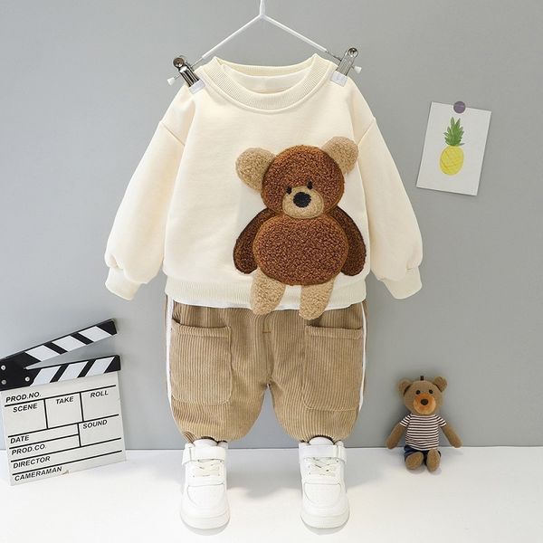 

clothing sets boys and girls hooded autumn winter set 0 4 year old baby plush thickened cartoon sweater trousers two piece 221007, White