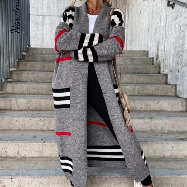 

women's knits tees casual striped color matching women cardigan elegant knitted long sweaters sleeve loose lady coat 221007, White