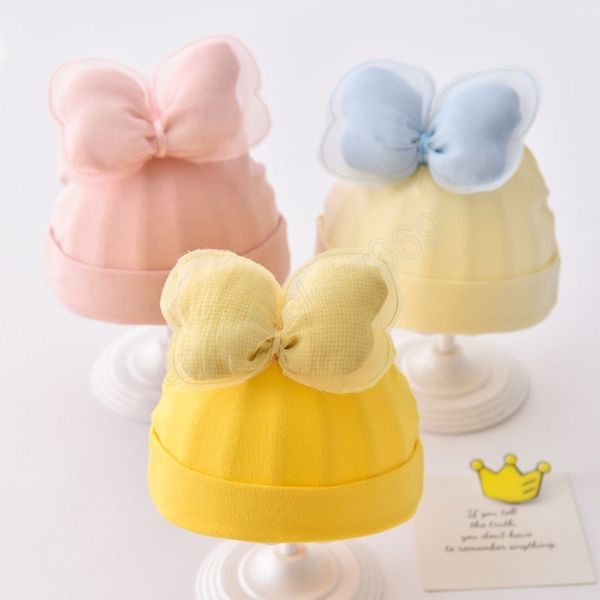 

newborn infant baby hat contrast color cotton caps cute bowknot children beanies boys girls hats, Yellow