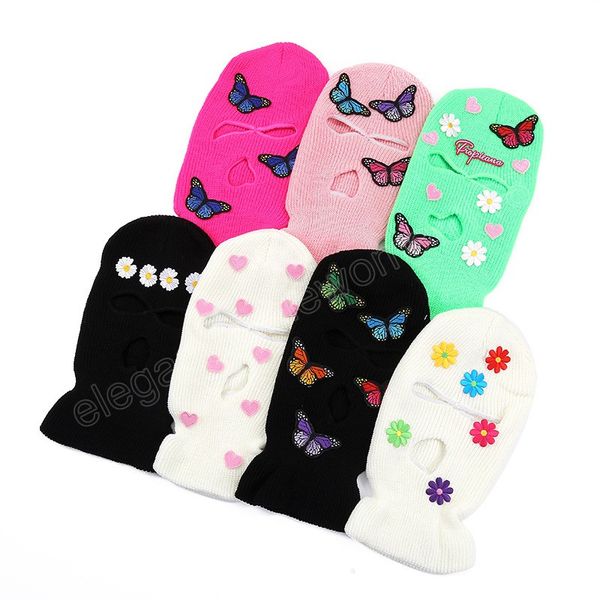 

3d butterfly beanie hats 3-hole knitted full face cover ski neck gaiter winter hat outdoor warm sports head cap, Blue;gray
