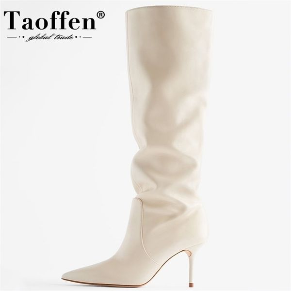

boots taoffen 2023 ins women real leather knee high for winter shoes party thin heel ladies footwear size 3443 221006, Black