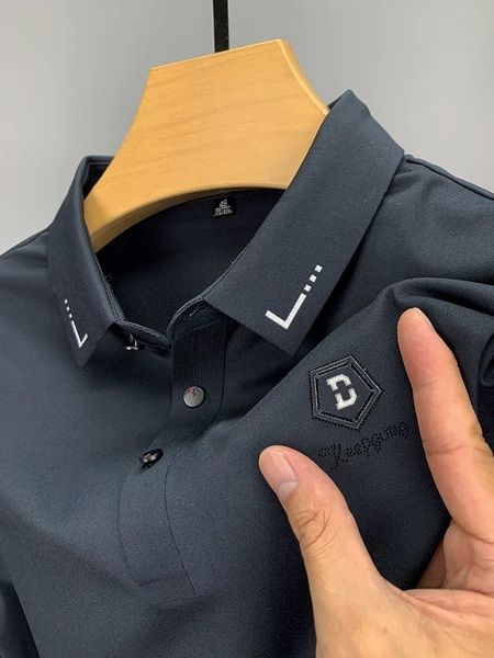 

men's polos high end fashion embroidered ice silk long sleeved polo shirt men's lapel spring and autumn elastic tshirt casual men&, White;black