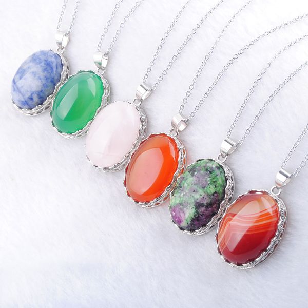 

natural stone cute egg shape pendant & necklace agates rose quartzs beads with chain for girls women jewelry chain 45cm bn376, Silver