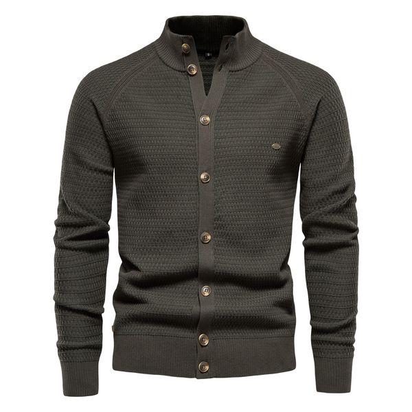 

ebaihui men's solid color cardigan winter long sleeved urban youth cotton sweaters business casual stand collar sweater for male, White;black