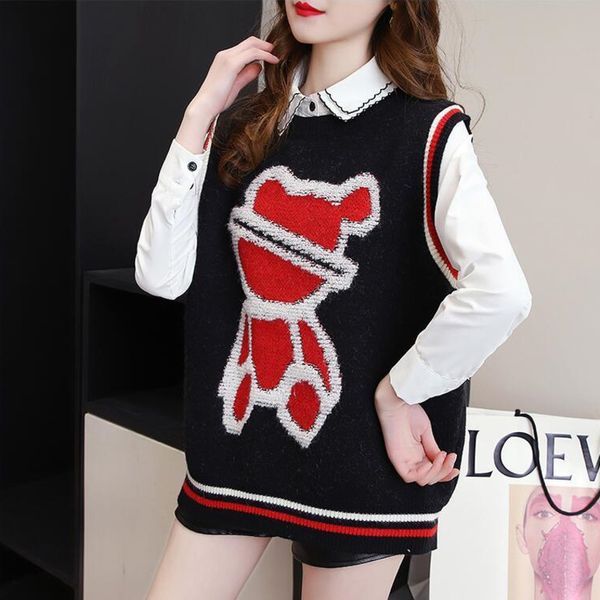

women's vests 3903 black blue grey sweater vest women cartoon bear vest waistcoat female oneck sleeveless knitted vest women outerwear, Black;white