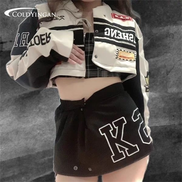 

womens jackets coldyingan bomber woman varsity jackte embroidery long sleeves race car jacket vintage detachable hem coat winter baseball co, Black;brown